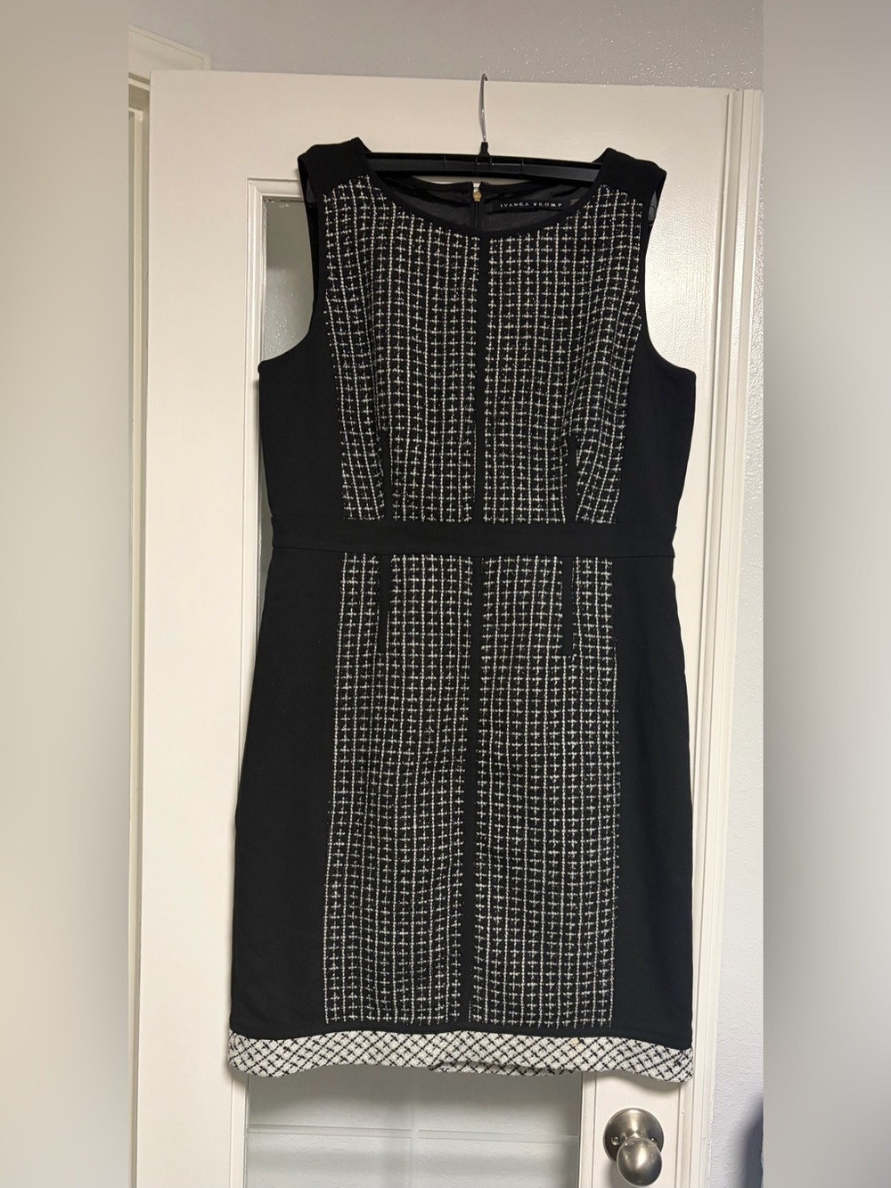 Ivanka Trump Black and White Tweed-Panel Sheath Midi Dress